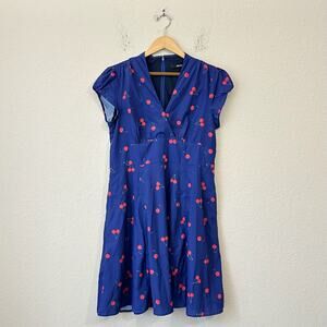 ESHAKTI Cherry Print Empire Dress Blue V-Neck Short Sleeve Hippie